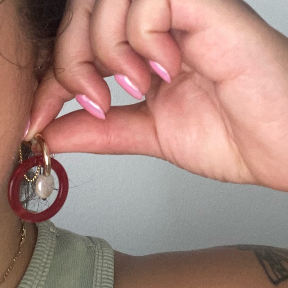 Lightweight Gold and red acrylic drop circle hoop earrings (3 for $25) - Picture 3 of 3